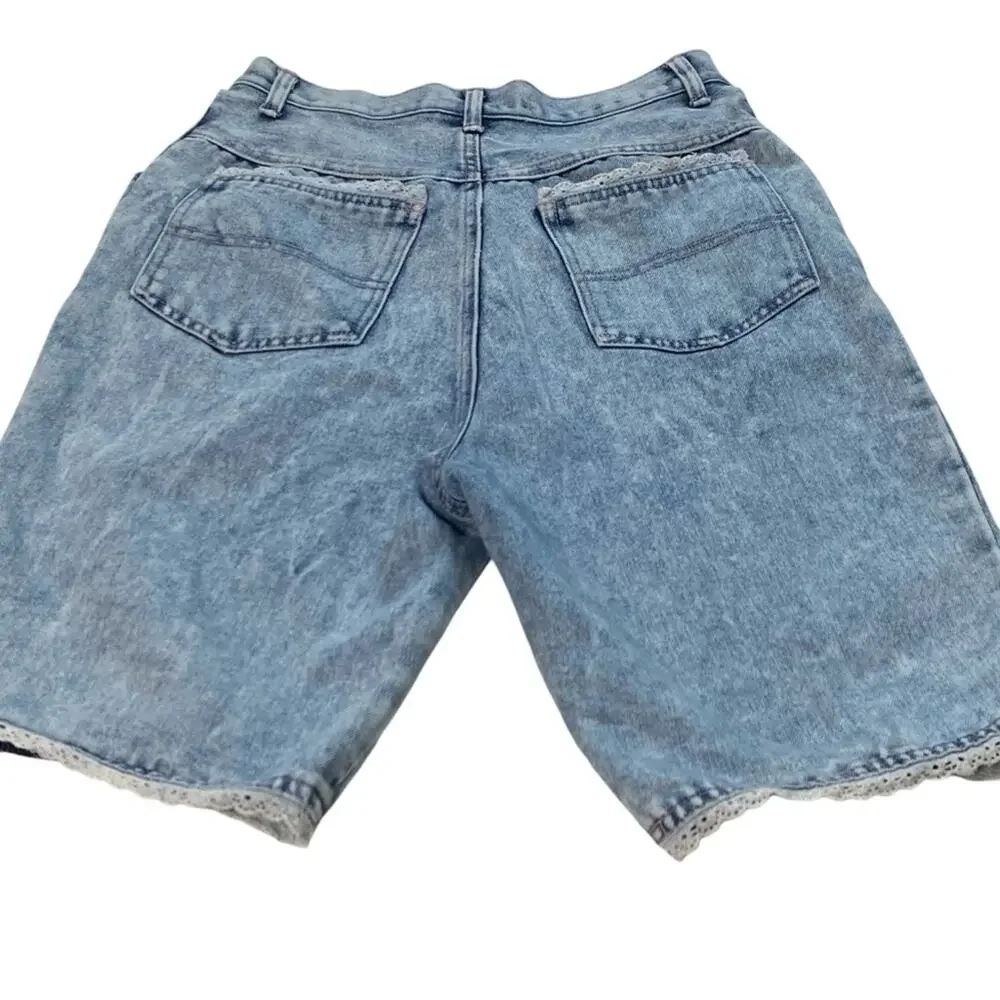 Vintage 80s Amilano Acid Wash High Waisted Denim 9” Shorts Eyelet Lace Sz 11/12